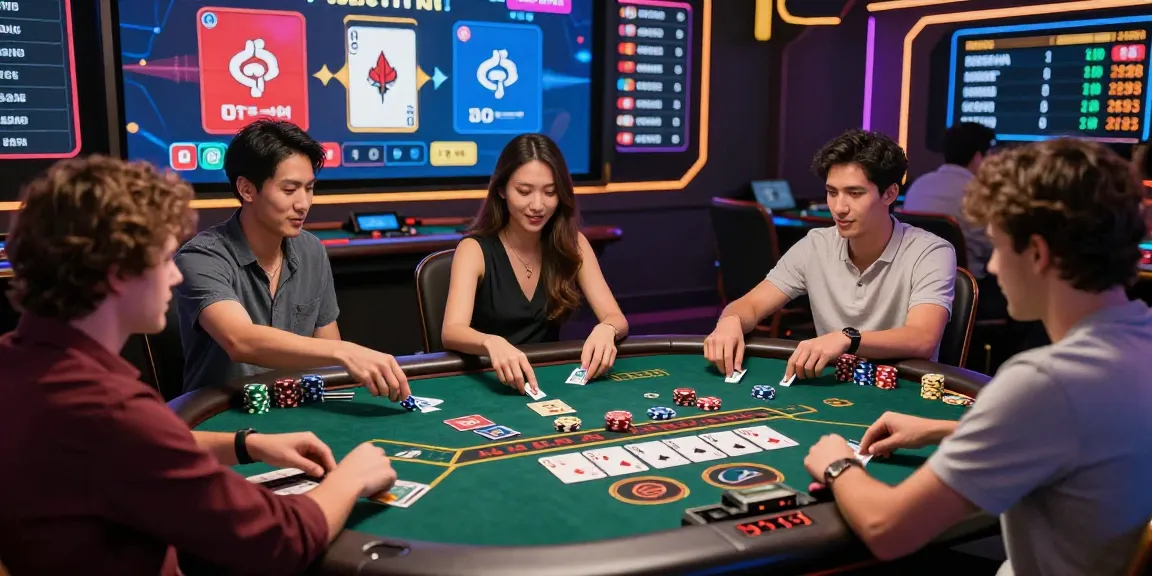Players enjoying บาคาร่าออนไลน์ in a lively digital environment, showcasing excitement and concentration while engaging in a virtual baccarat game.