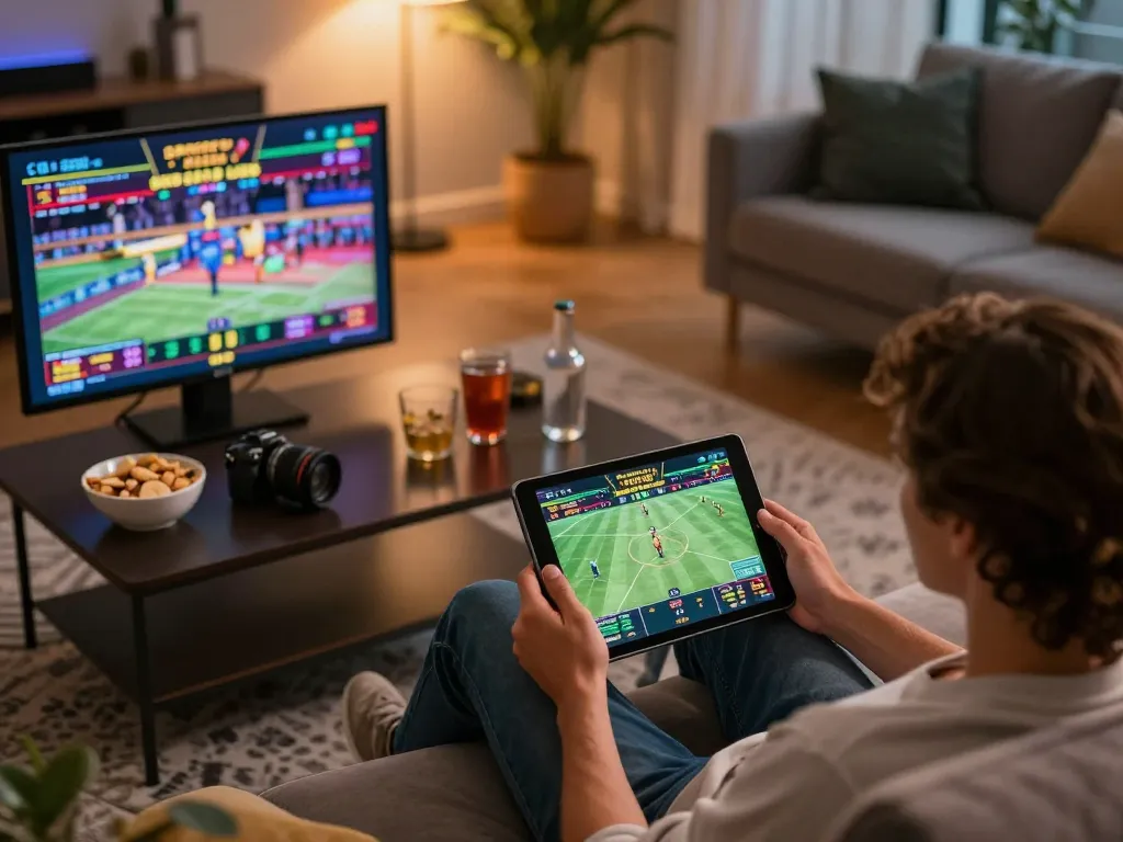 Engage in strategic sports betting at five88 through a cozy home setup with modern decor.