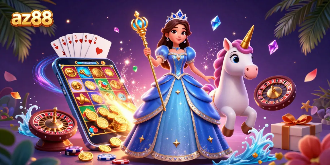 Spin and win with az88 in a vibrant casino scene filled with slots, magical gems, and dynamic elements.