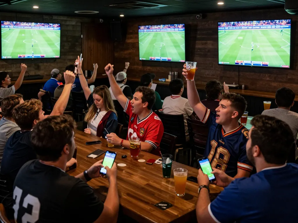 Engaged fans watching bóng đá trực tiếp at a lively sports bar during an exciting match.