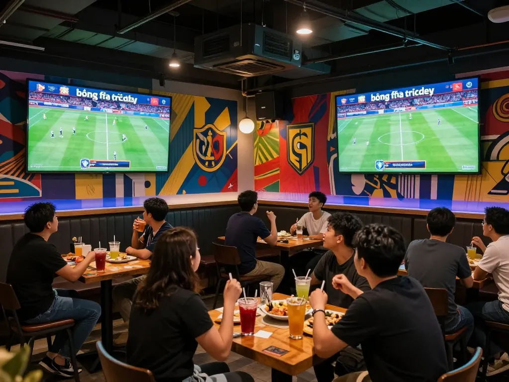 bóng đá trực tiếp excitement with fans cheering in a lively sports bar during a football match.