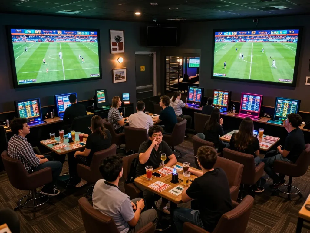 Socolive sports fans placing bets on live soccer games in an exciting lounge atmosphere.