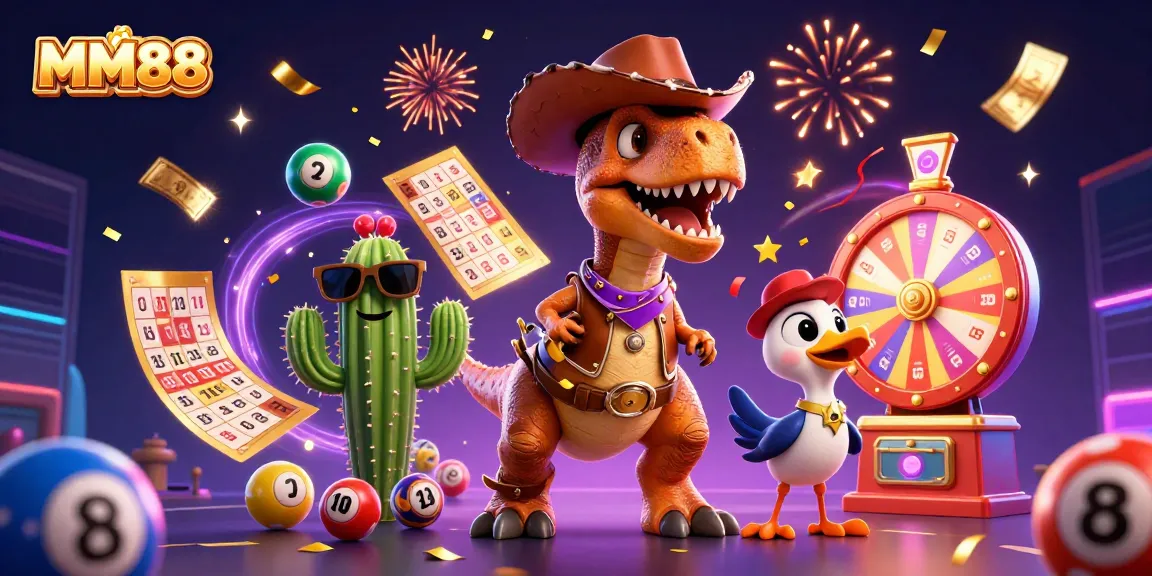 Engage with the vibrant MM88 gaming experience featuring a T-Rex cowboy and lottery elements.