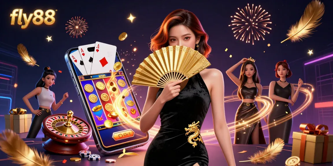 Experience the thrill of fly88 with a captivating Asian woman in a casino-themed illustration showcasing exciting slot game elements.