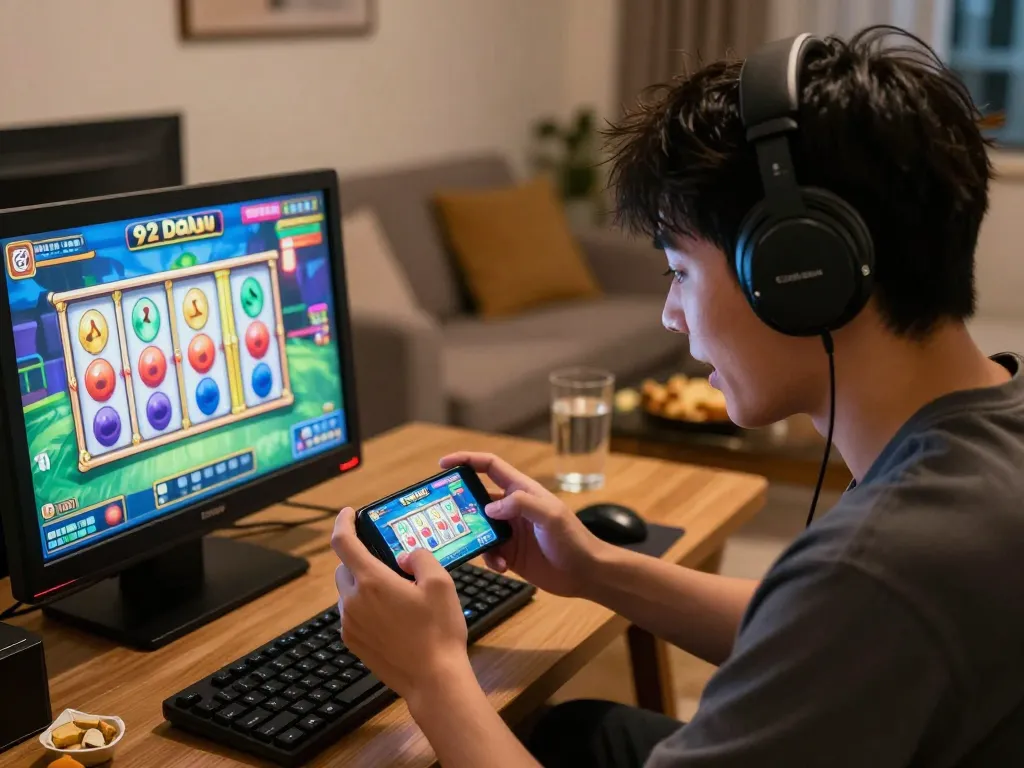 Engaged player enjoying the 92 Dadu game on smartphone in a cozy setting