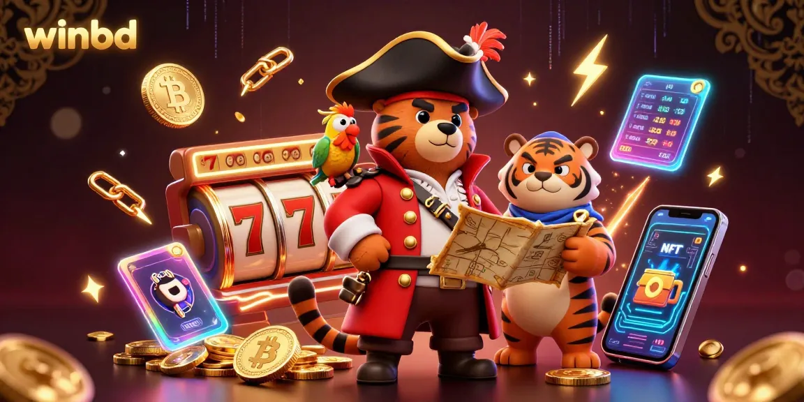 Winbd showcases an exciting slot game scene with dynamic 3D characters, Bitcoin coins, and jackpot elements.