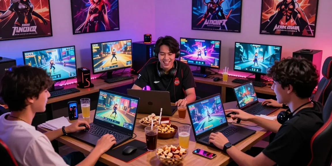 Group of friends playing hentaigames with laughter and snacks in a vibrant gaming room.