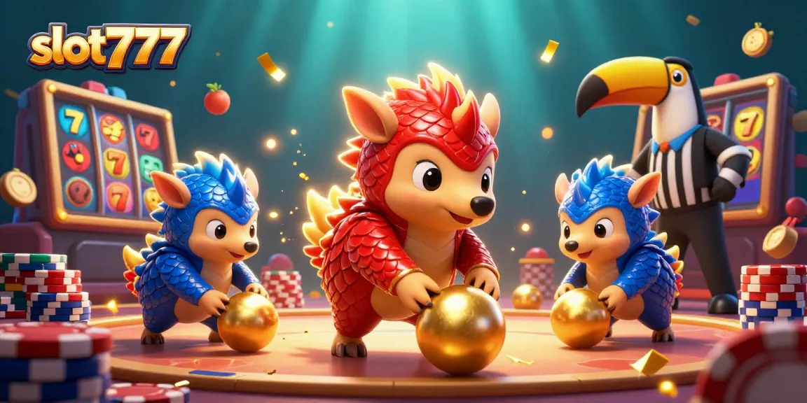 Experience the excitement of slot777 with rival pangolins rolling into golden balls beside lively slot elements.