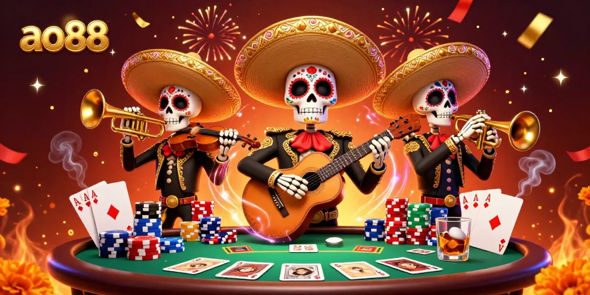 Experience thrilling gameplay at ao88 with a festive mariachi scene featuring poker elements.
