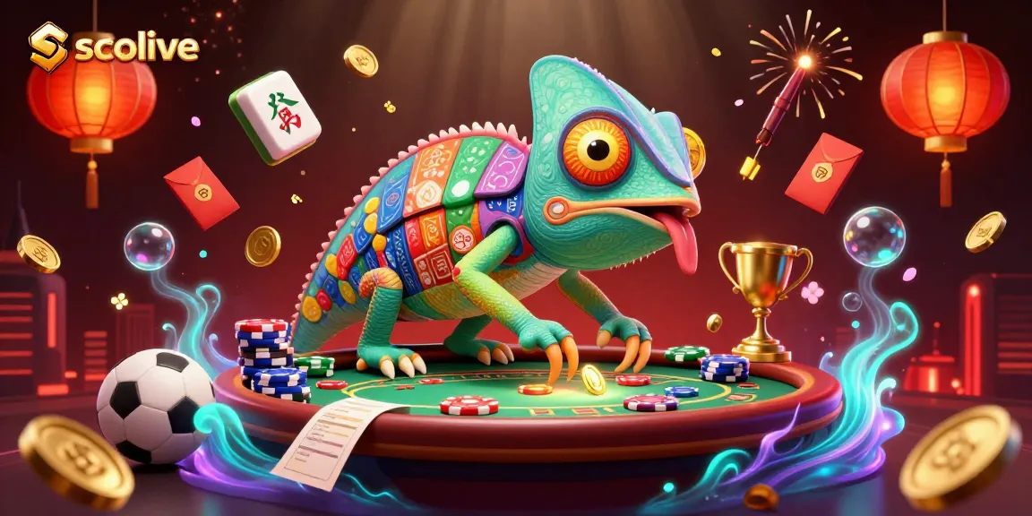 Socolive features an animated chameleon casino owner surrounded by dynamic gambling elements for an engaging online sports betting experience.