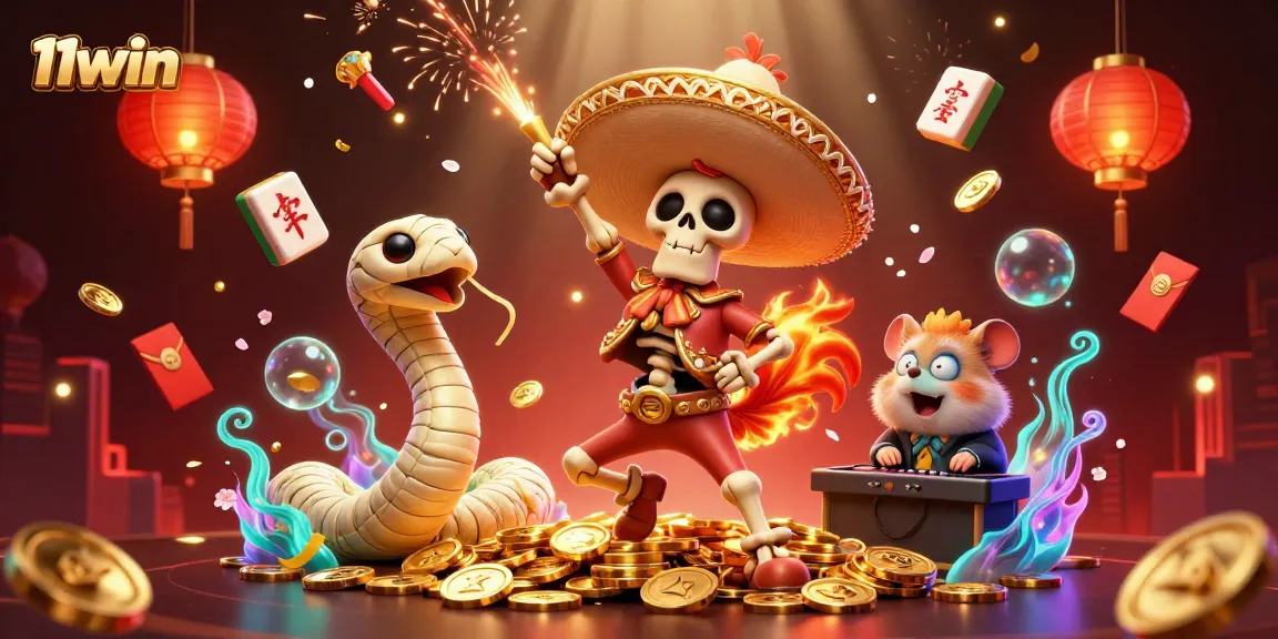 Engage with 11win and enjoy a lively casino scene featuring dancing characters and festive gambling elements.