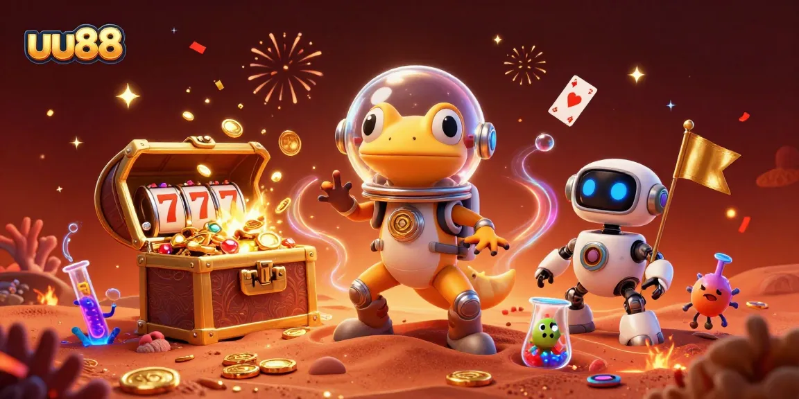 uu88 Martian gecko discovers a vibrant casino with slot reels and gold coins, creating an exciting scene