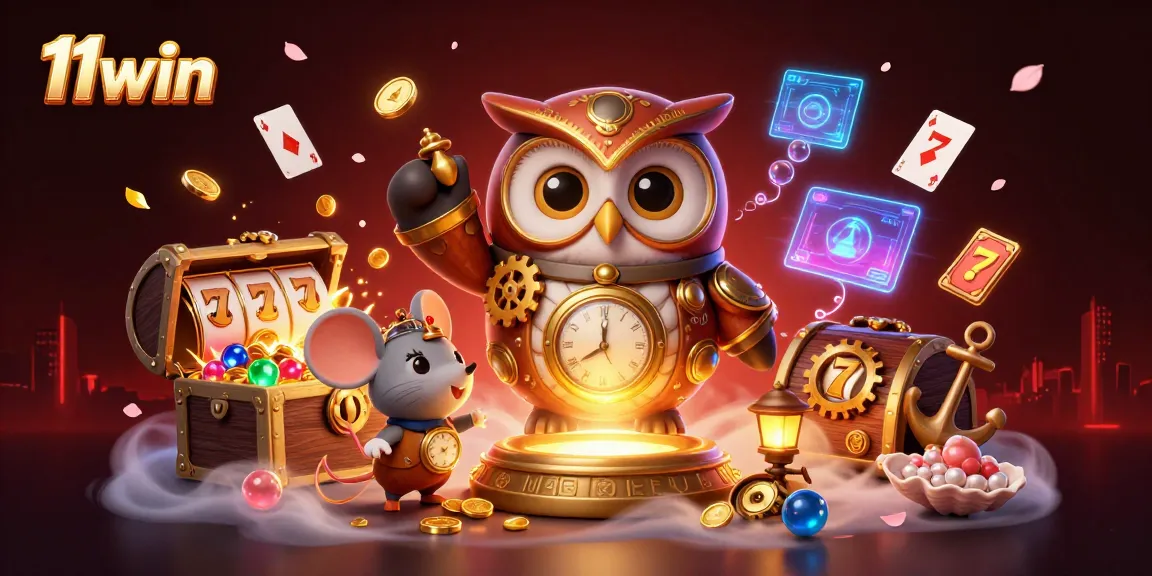 Engage with exhilarating slot game action at 11win with a 3D steampunk owl illustration.