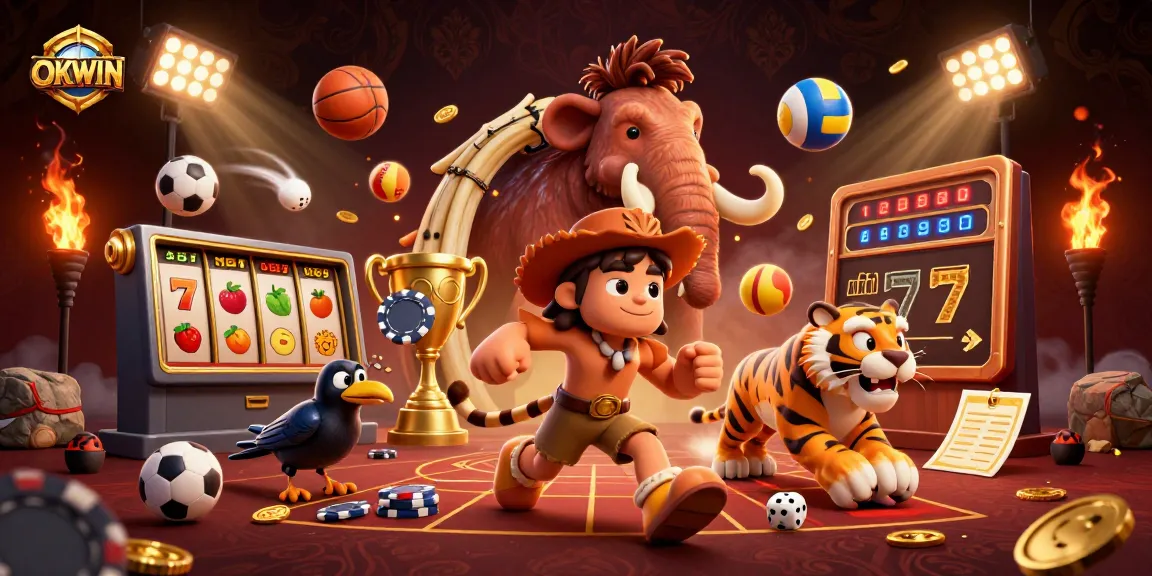 Experience the excitement of OKWIN with a lively prehistoric casino scene featuring playful characters and vibrant gaming elements.
