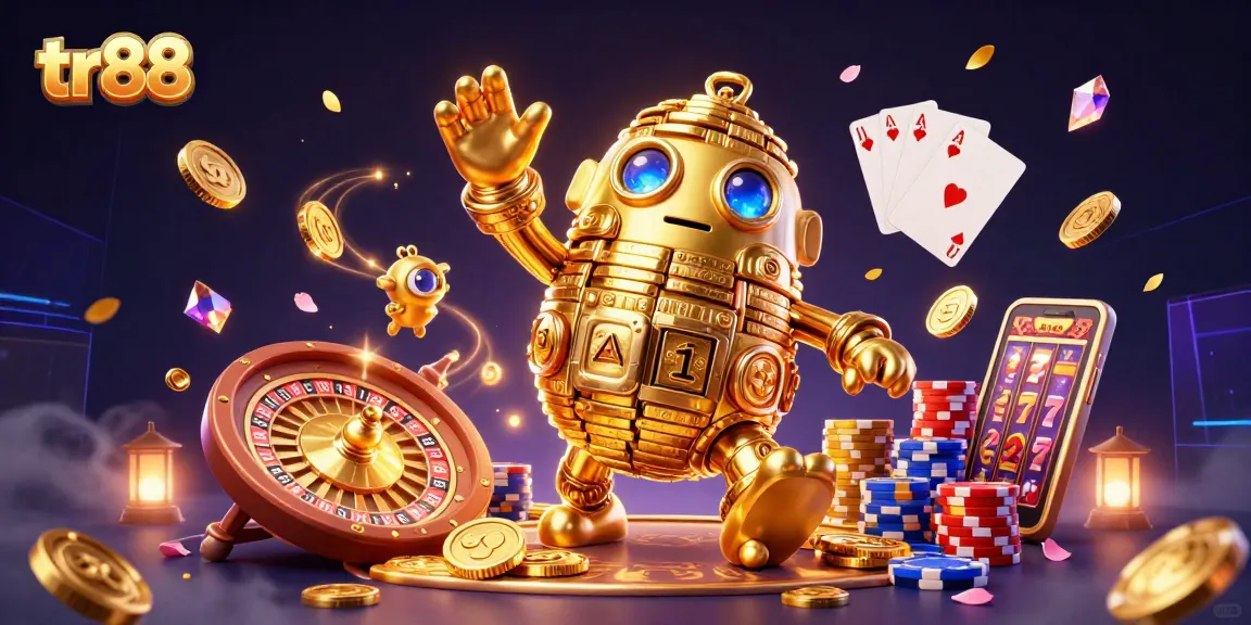 Spin and win on TR88 with a golden golem amidst glittering casino elements.