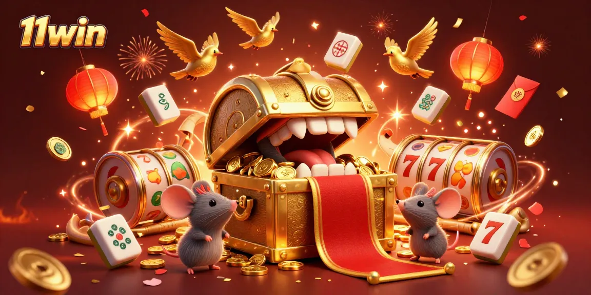Experience thrilling wins with 11win's golden treasure chest attracting players in an adventurous casino scene.