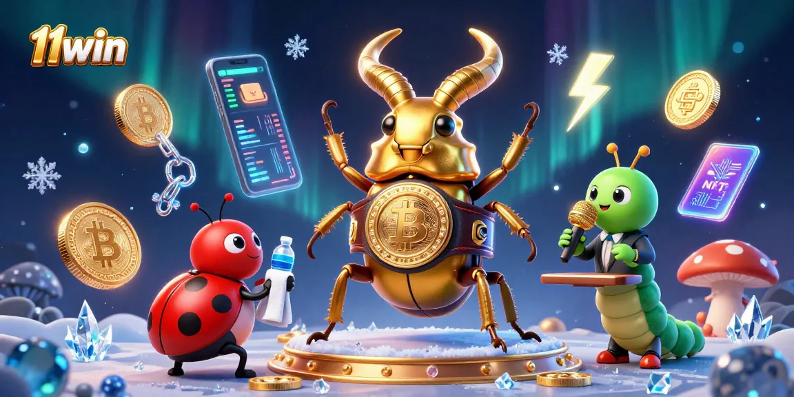 11win's vibrant cryptocurrency casino scene with a golden stag beetle and dynamic crypto elements
