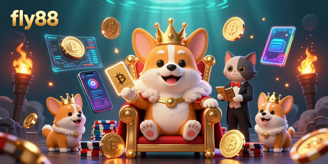 Engage with fly88's vibrant 3D casino world, featuring a royal corgi and crypto elements.