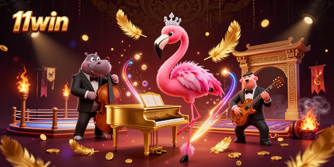 Engage with 11win’s exciting gaming ambiance featuring flamingo musicians and vibrant casino elements.