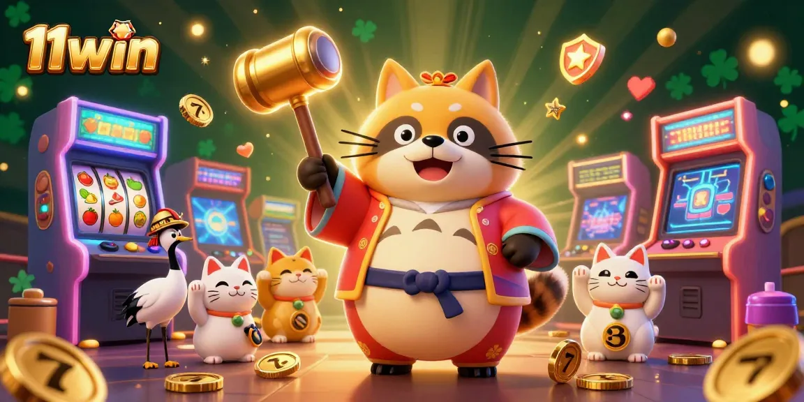 Join the adventure with 11win! A happy tanuki and friends celebrate big wins in a colorful casino setting.